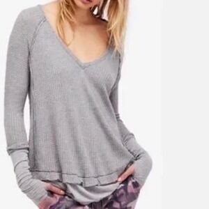 Free People Grey Laguna Thermal Waffle Knit Ruffled Hem Long Sleeve Top